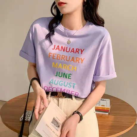 纯棉短袖t恤女2023年夏季新款胖mm宽松大码体恤字母印花正肩上衣商品大图