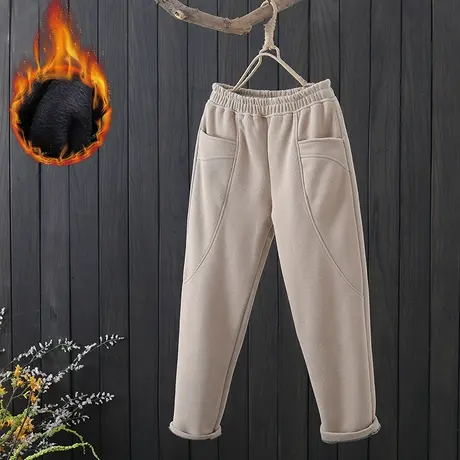 文艺休闲加绒加厚保暖宽松显瘦百搭卫裤长裤松紧腰宽松哈伦裤女裤商品大图