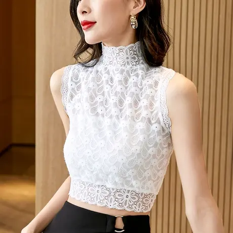 蕾丝打底衫女黑色春秋2022年新款秋冬内搭半高领蕾丝镂空印花上衣商品大图