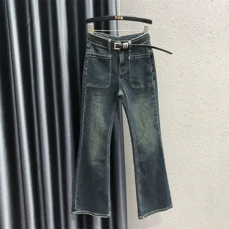 欧货前口袋设计感牛仔微喇裤女2023秋季新款高个子高腰显瘦喇叭裤图片