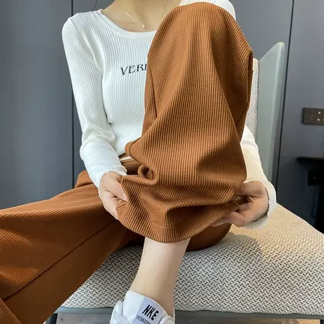 咖色雪尼尔阔腿裤女2023春秋新款高腰垂感直筒宽松显瘦条绒拖地裤商品大图