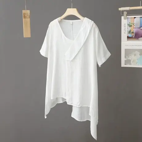 棉麻不规则下摆T恤女中长款短袖宽松薄款2023夏季新款上衣设计感商品大图