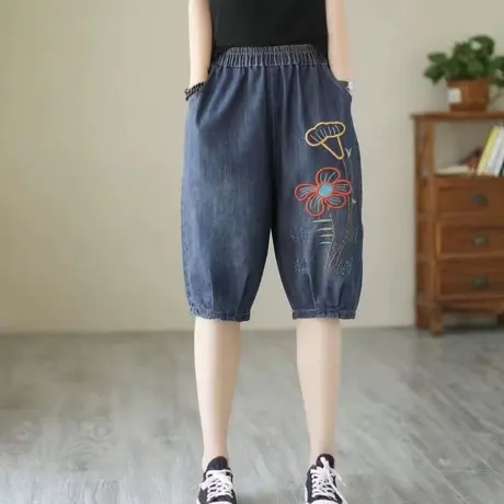 复古牛仔裤女松紧腰五分裤夏季宽松百搭六分裤显瘦中裤灯笼裤子潮图片