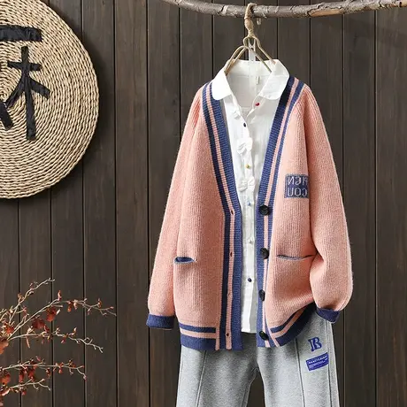 枫谜2022年秋冬新款百搭拼色V领单排扣文艺范休闲毛线开衫图片