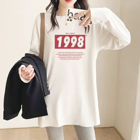 长袖中长款韩版宽松上衣2022年秋季纯棉白色t恤女百搭显瘦打底衫商品大图