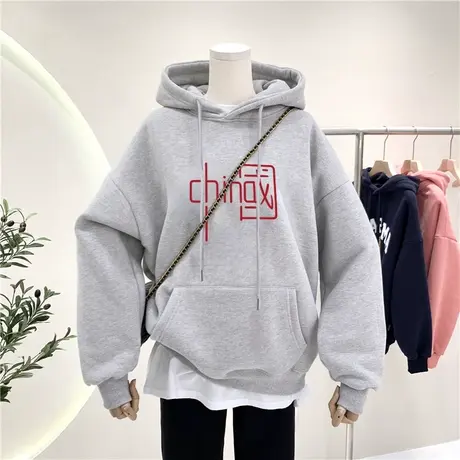 中国风卫衣女长袖秋冬加绒2023新款韩版宽松灰色连帽情侣装潮ins商品大图