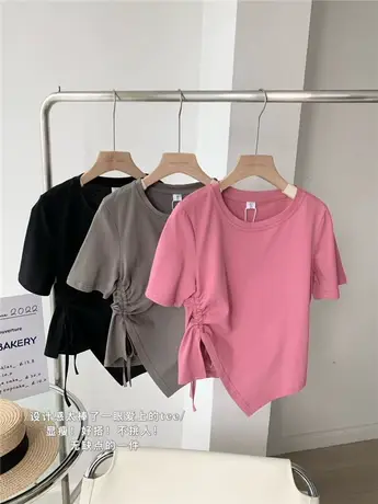 百搭好穿下摆不规则短款显瘦开叉纯色圆领抽绳设计感短袖T恤女潮商品大图
