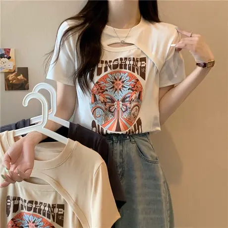 纯棉镂空短袖T恤女夏装2023新款设计感小众正肩半袖港味chic上衣商品大图