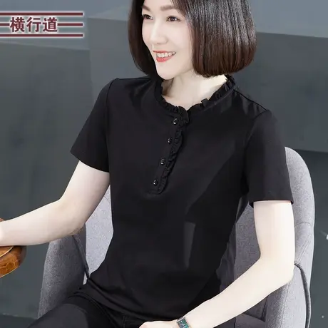 立领花边纽扣短袖2023新款夏装纯色宽松T恤韩版简约洋气大码女衣商品大图