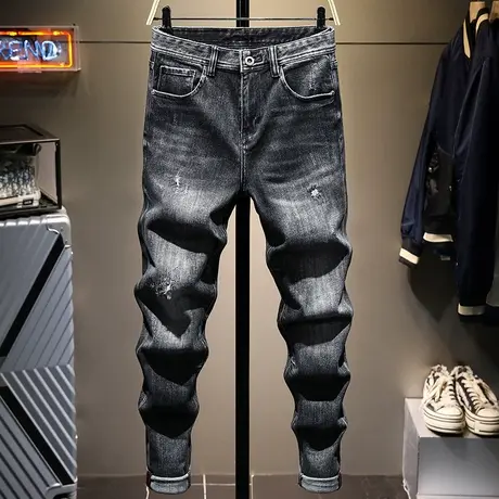秋冬款简约百搭潮牌破洞牛仔裤男小脚裤青少年修身男生乞丐裤子男图片