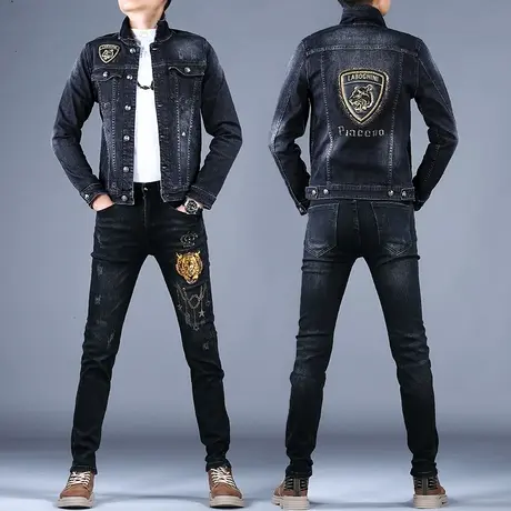 春秋高端刺绣牛仔套装男2023新款裤子休闲牛仔夹克男上衣外套弹力图片