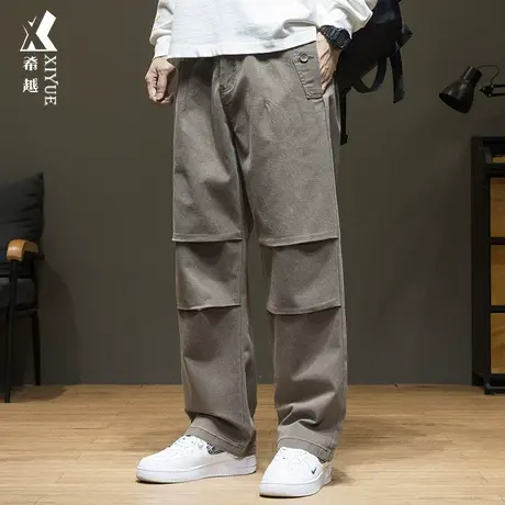 希越天丝莱赛尔休闲裤男秋季工装拼接伞兵裤宽松大码胖子驼色长裤商品大图