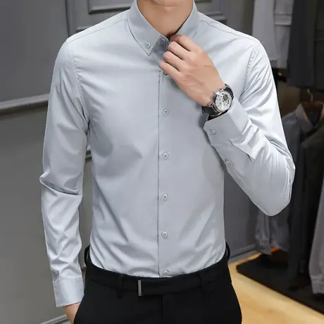 秋季新款白衬衫男士长袖修身商务正装潮流黑色高级感抗皱衬衣服男图片