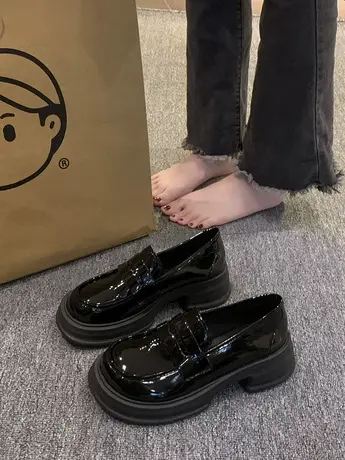 黑色厚底乐福鞋女2023春秋新款英伦风百搭jk小皮鞋一脚蹬松糕单鞋商品大图