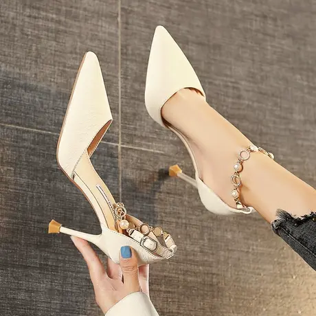 鞋子女2023年春季新款百搭性感一字带水钻高跟鞋职业细跟尖头单鞋图片