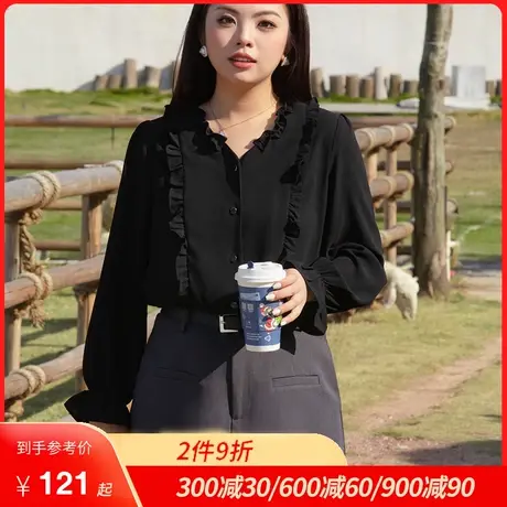 2024春装新款法式衬衫荷叶边V领显瘦大码胖MM雪纺套头长袖上衣女商品大图