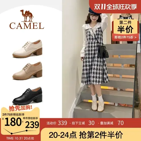 骆驼女鞋2023秋季新款真皮百搭圆头通勤高跟鞋粗跟小皮鞋深口单鞋图片