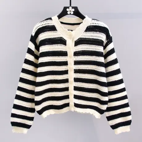 小香风条纹镂空毛衣外套女秋冬2023新款宽松显瘦短款长袖针织开衫商品大图