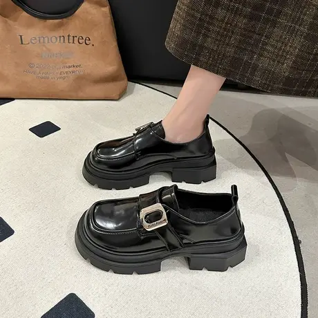 黑色百搭乐福鞋女2024春秋新款复古英伦风粗跟小皮鞋厚底防滑单鞋图片