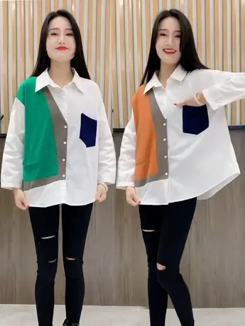 设计感小众拼接撞色衬衫女2023新款春夏宽松显瘦上衣气质百搭衬衣商品大图