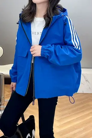 2023春季新款连帽拼接三条杠韩系外套女时尚休闲抽绳外搭风衣上衣商品大图