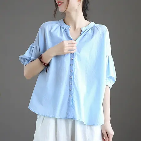 dza 文艺复古白色衬衫女士中袖短款上衣新款夏季短款休闲衬衣短袖图片