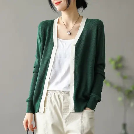 dza复古休闲V领毛针织开衫秋季新款女士毛衣外套短款百搭长袖上衣图片