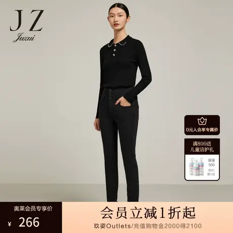 JZ玖姿弹力修身小黑裤女装2022冬季新款通勤高腰加绒保暖牛仔裤图片