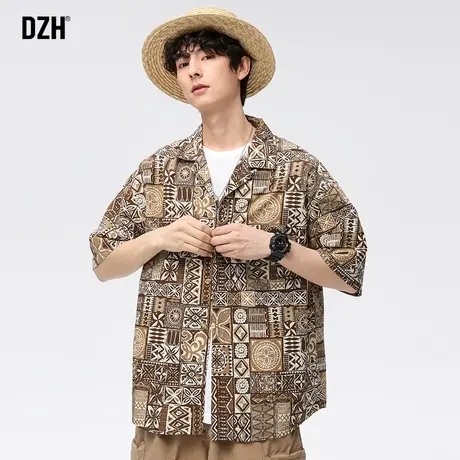 男士古巴领衬衫男短袖高级感夏威夷纯棉衬衣夏季薄款男装2023新款商品大图