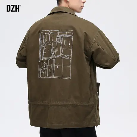 男士翻领外套春秋季潮牌男装印花宽松休闲美式工装夹克2023年新款商品大图