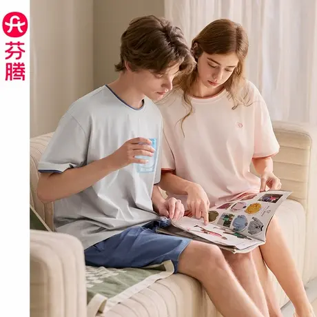 芬腾情侣睡衣女夏季薄款纯棉短袖短裤套装大码青年男款休闲家居服商品大图