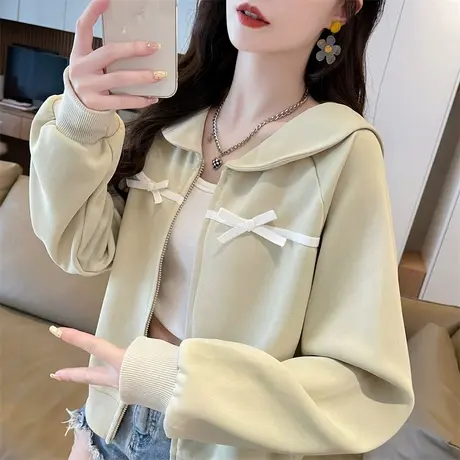早秋外套女2025新款春秋季韩版宽松薄款小香风蝴蝶结夹克开衫卫衣图片