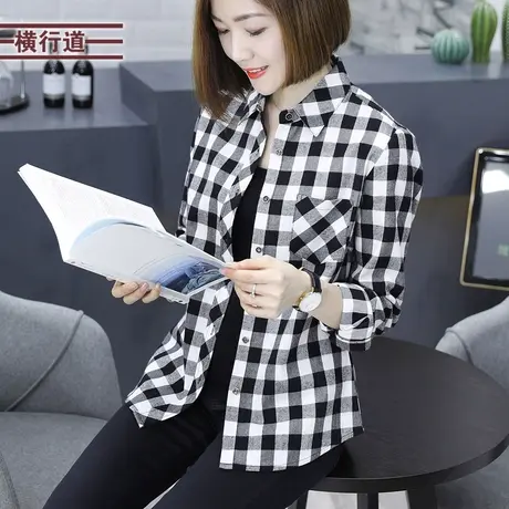 2023冬新款纯棉大码黑白格子衬衣外套女士休闲长袖冬装方格衬衫商品大图