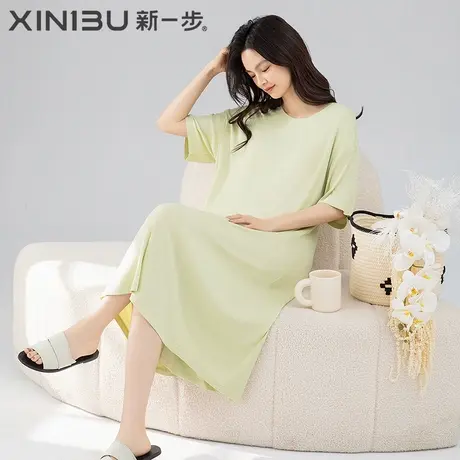 新一步莫代尔棉凉感睡裙女中长款夏季短袖套头纯色宽松睡衣连衣裙商品大图