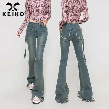 显腿长！微喇牛仔裤女2023夏季辣妹单肩背带显瘦喇叭长裤子马蹄裤图片