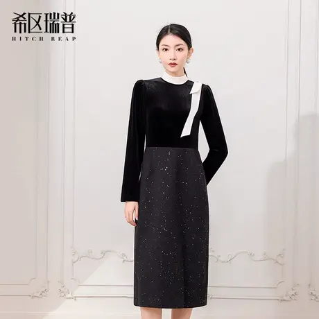 【希区瑞普】法式复古连衣裙优雅飘带丝绒拼接撞色女收腰包臀商品大图