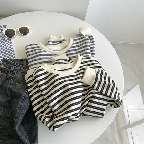 复古条纹港风圆领卫衣女上衣初秋圈圈棉休闲宽松大码条纹外套卫衣商品大图