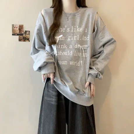 蝴蝶结镂空设计感宽松卫衣女春秋季薄款韩版慵懒无帽套头上衣外套商品大图