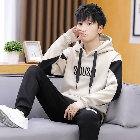 青少年卫衣男秋冬韩版潮流加绒两件套初高中学生连帽套头加厚外套商品大图