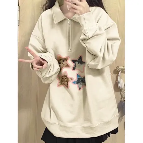 半拉链POLO领长袖卫衣女春秋装宽松显瘦设计感小众别致薄款上衣服商品大图