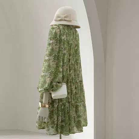 爵莱菲大码绿色碎花雪纺裙女2025初夏新款法式浪漫气质小个子宽松商品大图