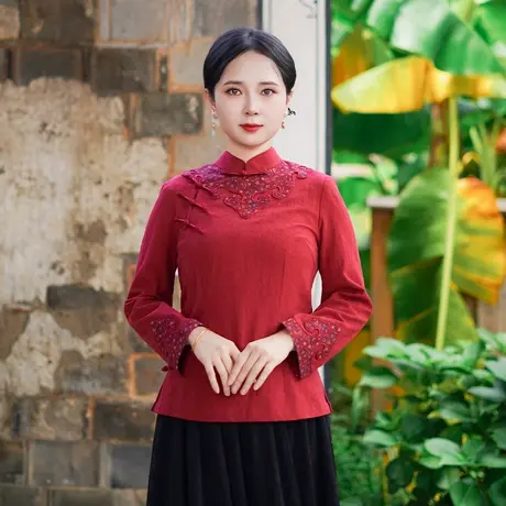 筠雅秋季新款红色年轻款中式改良唐装女新中式复古斜襟上衣25J309商品大图