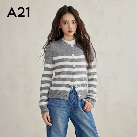 A21女装合体套头圆领平肩开襟毛衫条纹刺绣小标针织开衫长袖毛衣商品大图
