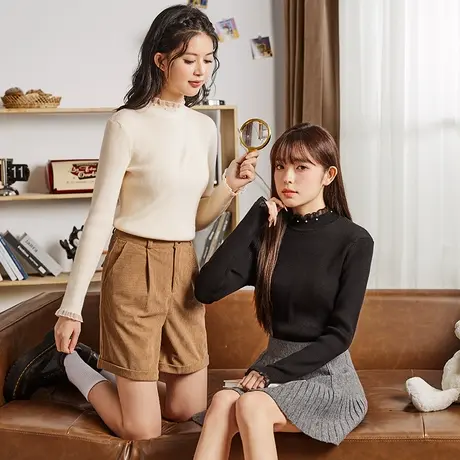 唐狮蕾丝半高领打底衫女2024新款早秋穿搭小众设计感气质内搭上衣图片