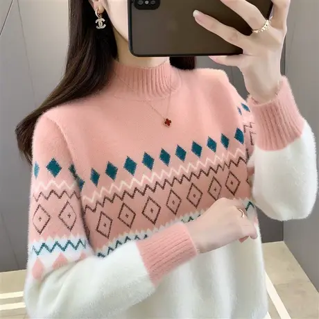减龄半高领水貂绒拼色加厚保暖毛衣女秋冬内搭针织打底衫2022新款图片