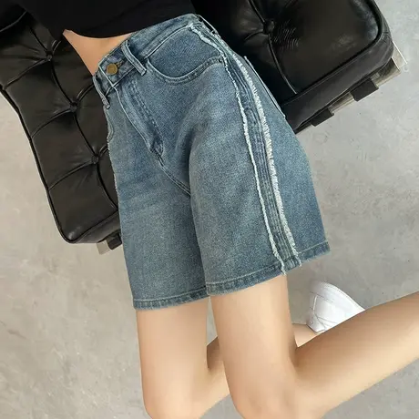 牛仔短裤女五分2023夏季薄款高腰复古显瘦ins毛边小个子阔腿中裤商品大图