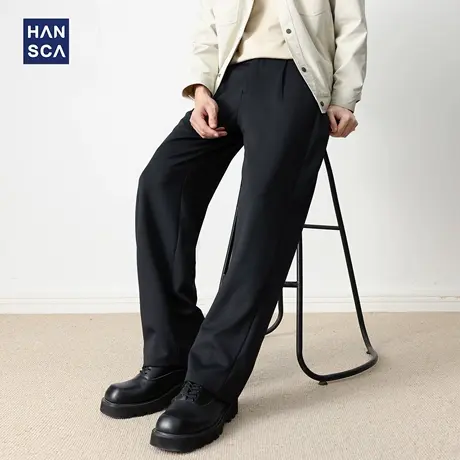 hansca秋季310g压褶直筒休闲裤男士高端潮牌宽松弹力抗皱百搭长裤商品大图