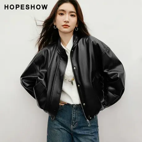 红袖2025秋季新款女装 金属拉链落肩长袖两穿领短款PU皮外套图片