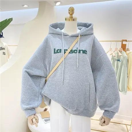 美式复古白灰色连帽卫衣女2025新款春秋冬加绒oversize宽松慵懒风商品大图