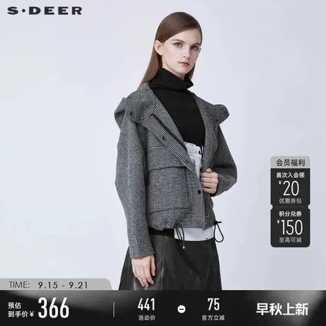 sdeer圣迪奥冬季女装高领连帽格纹抽绳毛呢短外套女S21482224商品大图